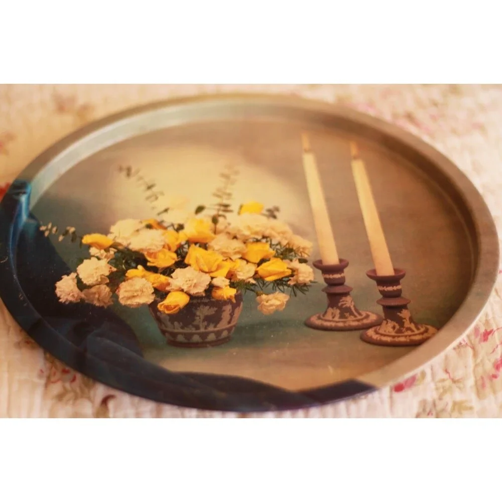 Vintage Round Metal Serving Tray Yellow White Flowers Candles
